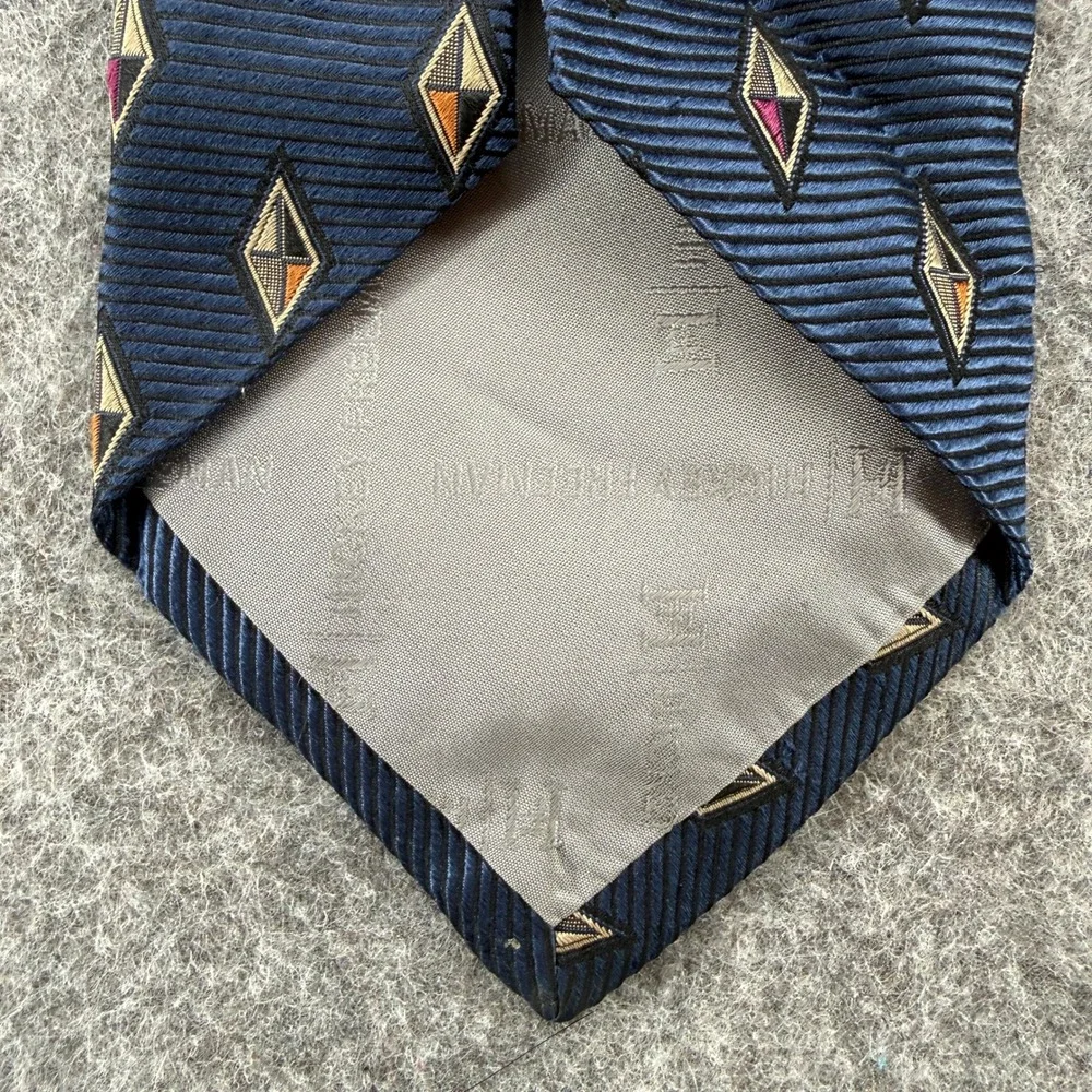 Hickey Freeman Tie 100% Silk Handmade Navy Geometric Diamond Ribbed Silk Necktie